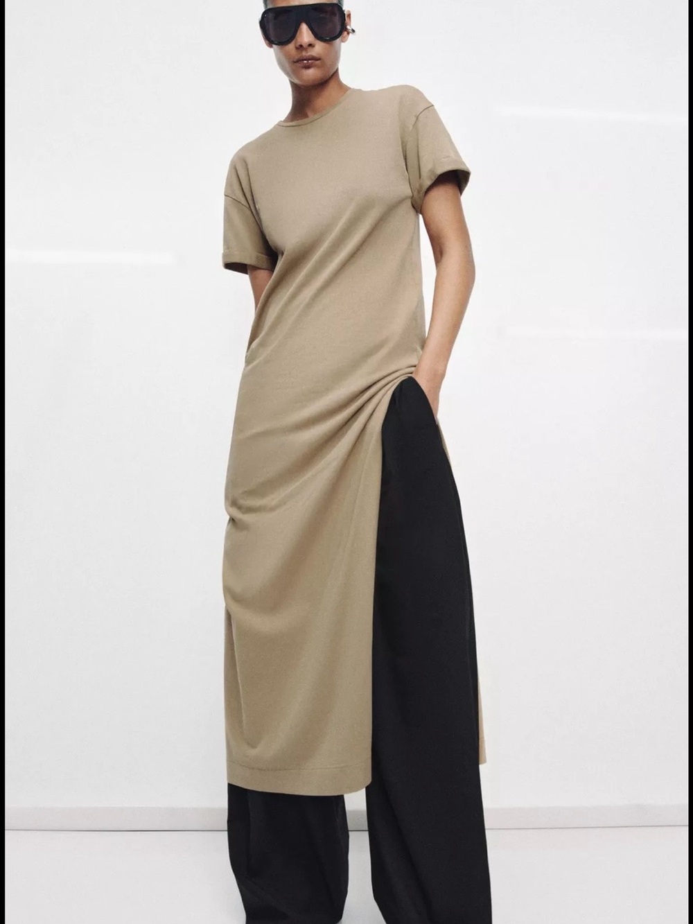 Zara Taupe Short-Sleeve Maxi Tee Dress